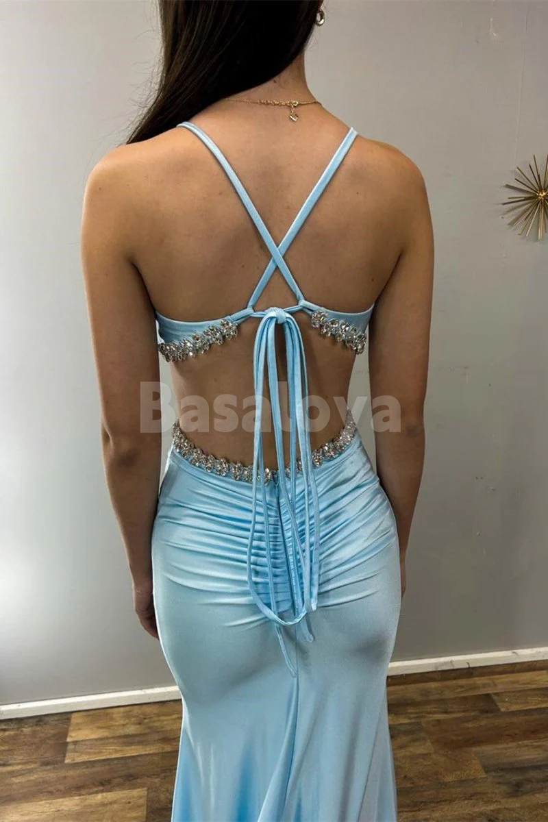 SP0224 Graceful Blue V-Neck Bodycon Long Satin Prom Dress with Crystal