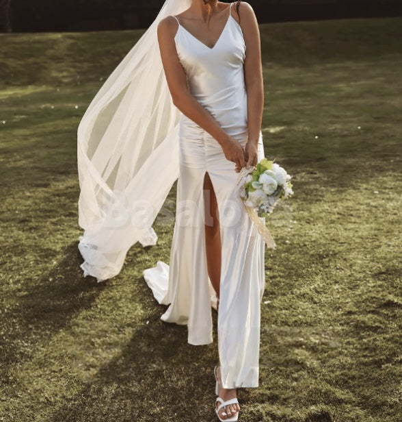 WD0038 Elegant V-Neck Mermaid Side Slit Satin Bridal Wedding Dress with Train