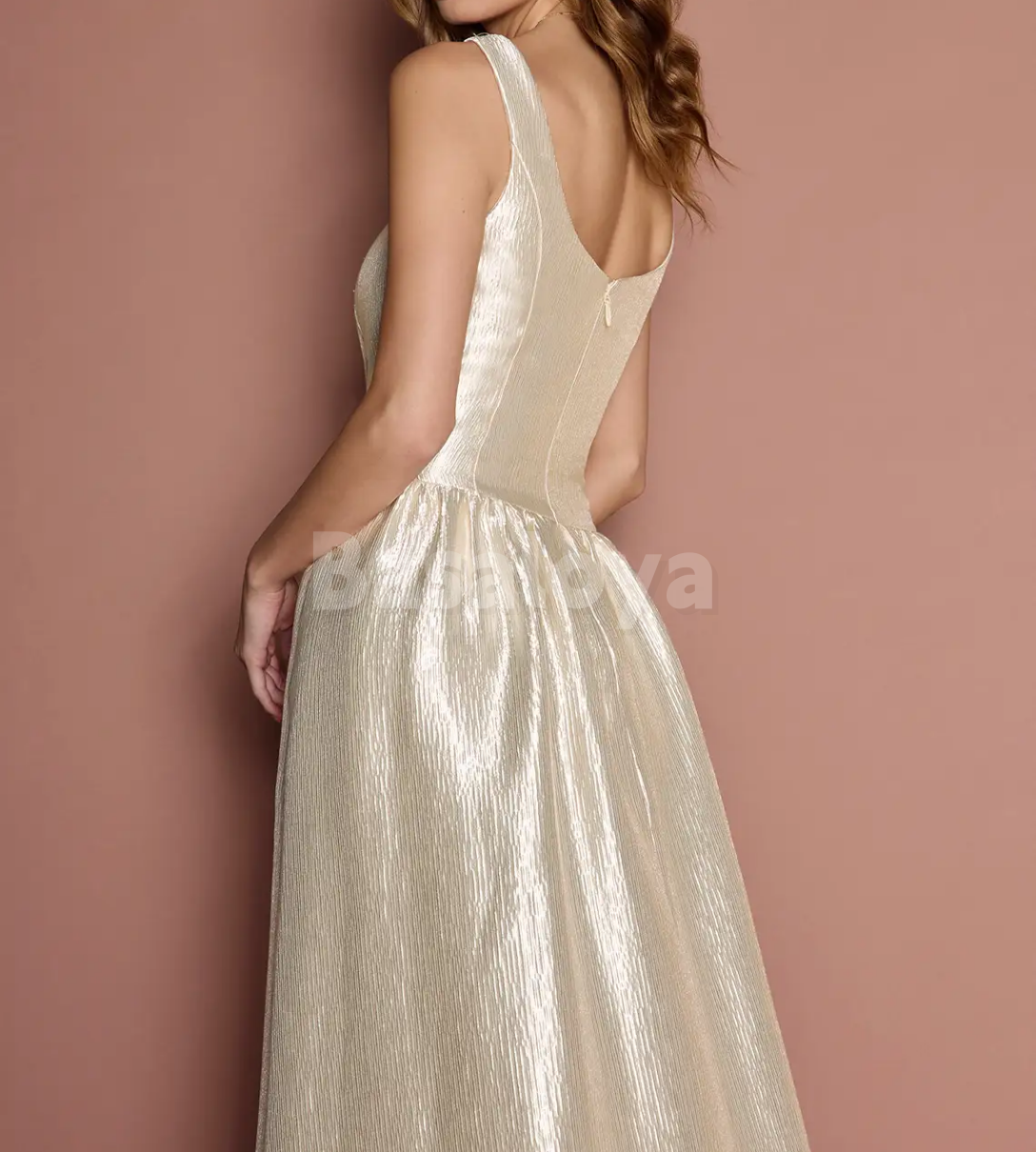 SP0261 Elegant Champagne Square Neck A-Line Prom Formal Gown with Pockets