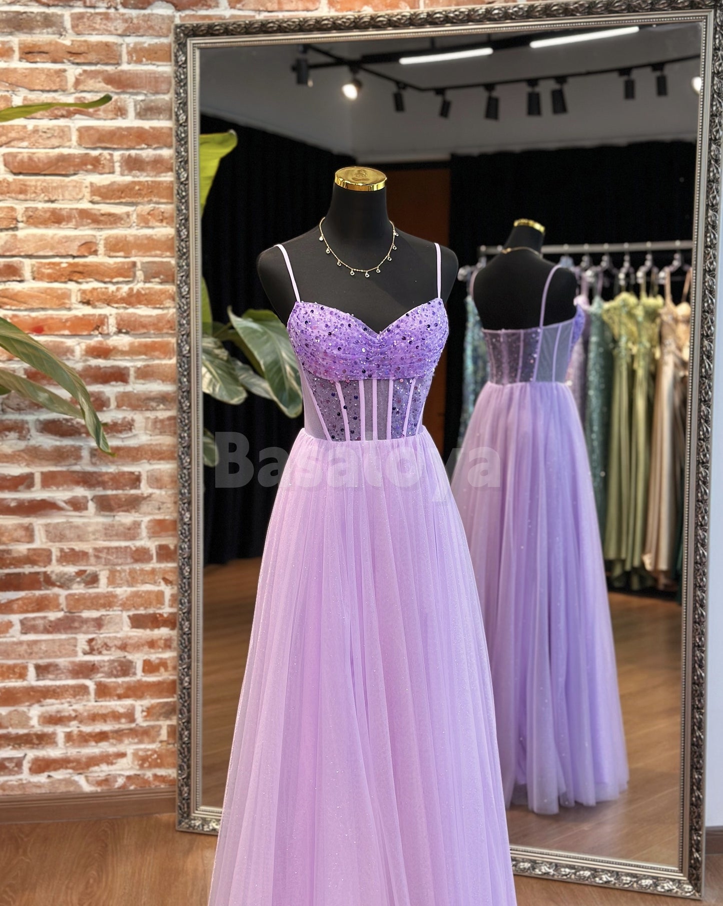 BM0015 Glamorous Spaghetti Straps A-Line Sequin Appliques Bridesmaid Gown