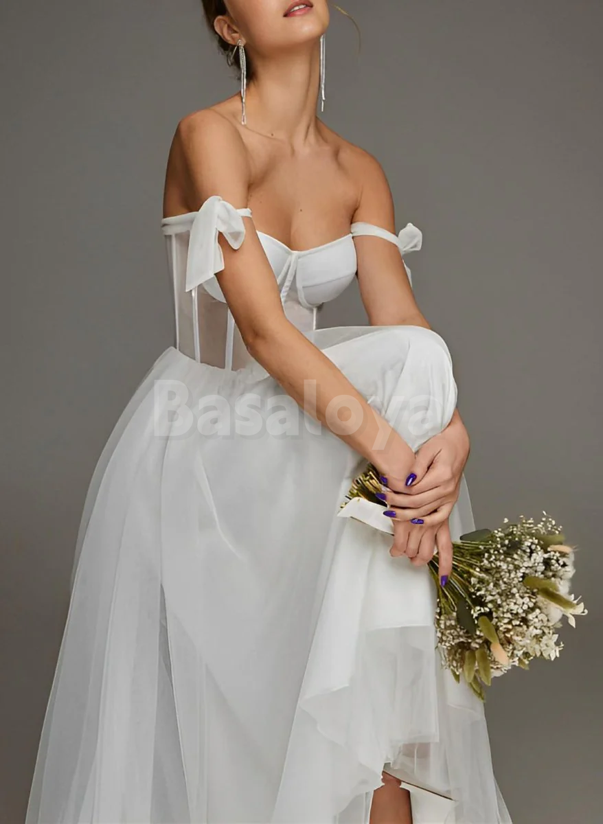 WD0057 Elegant White Sweetheart A-Line Pleats Midi Wedding Dress with Bows