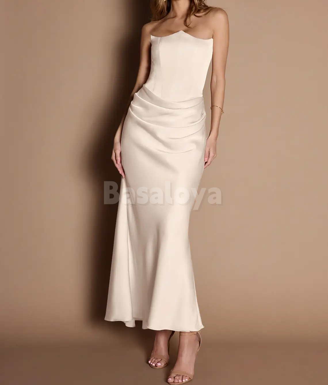 SP0256 Classic Beige Asymmetrical Neck Bodycon Satin Prom Dress