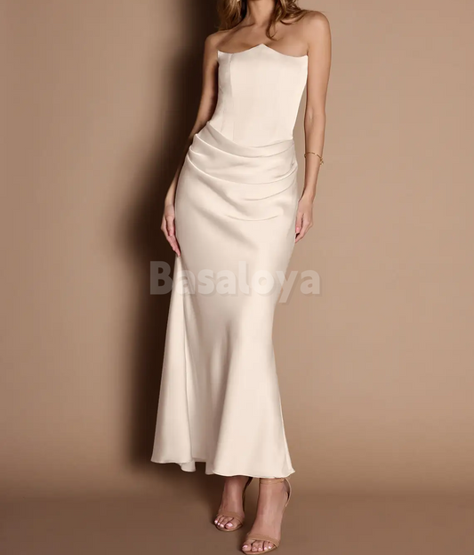 SP0256 Classic Beige Asymmetrical Neck Bodycon Satin Prom Dress