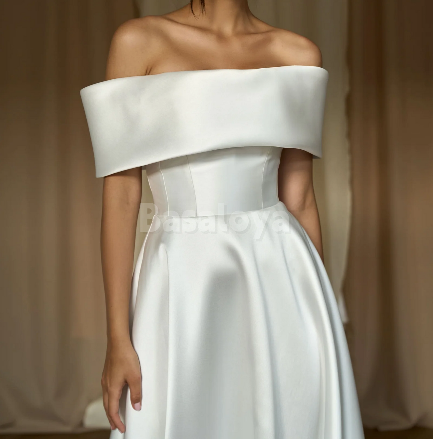 WD0152 Elegant White Off-Shoulder A-Line Pleated Satin Wedding Gowns