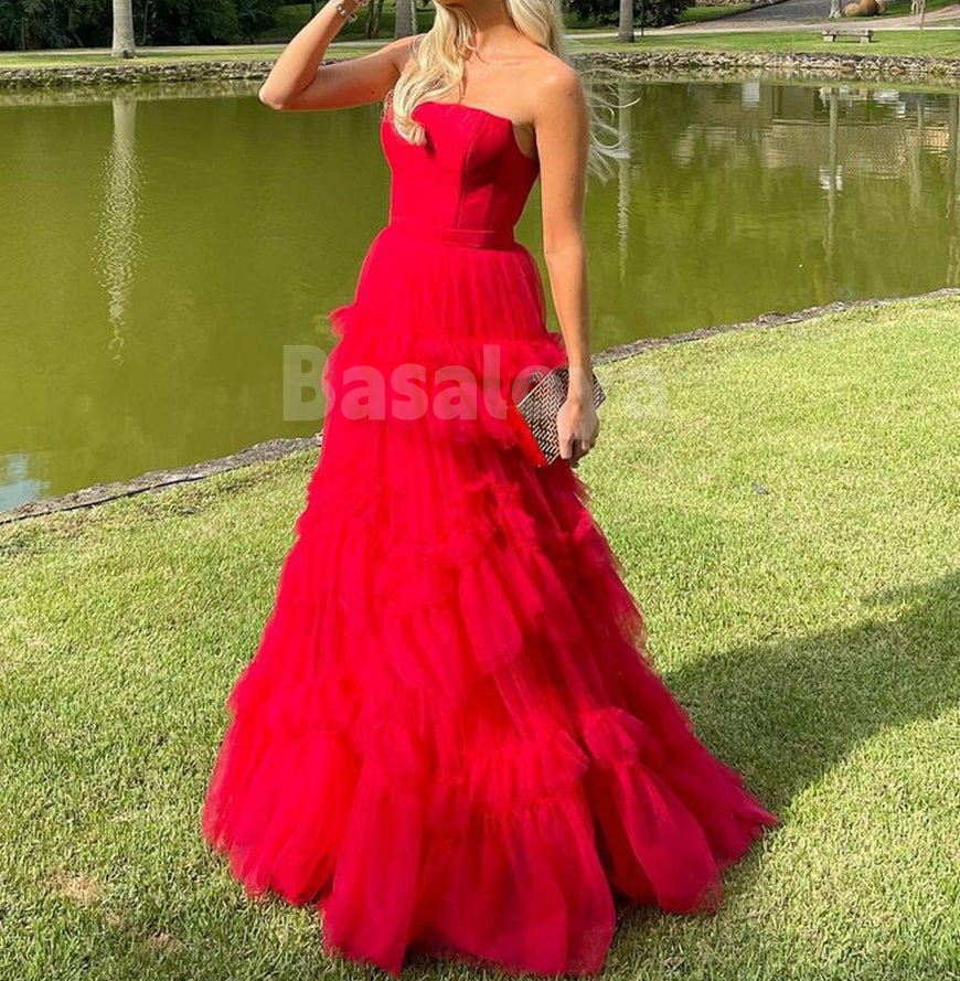 SP0156 Classic Red Tube Top A-Line Tiered Ball Gown Prom Dresses