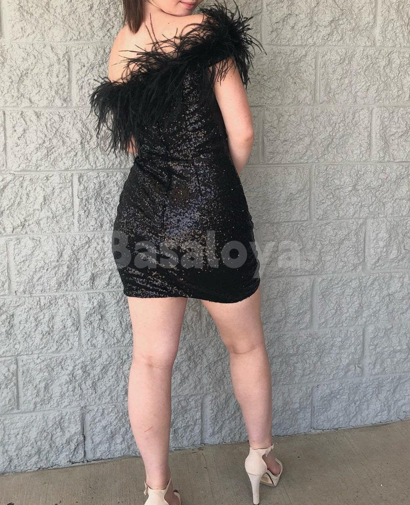 HM0143 Elegant Blue One Shoulder Sheath Sequins Party Gown with Feather