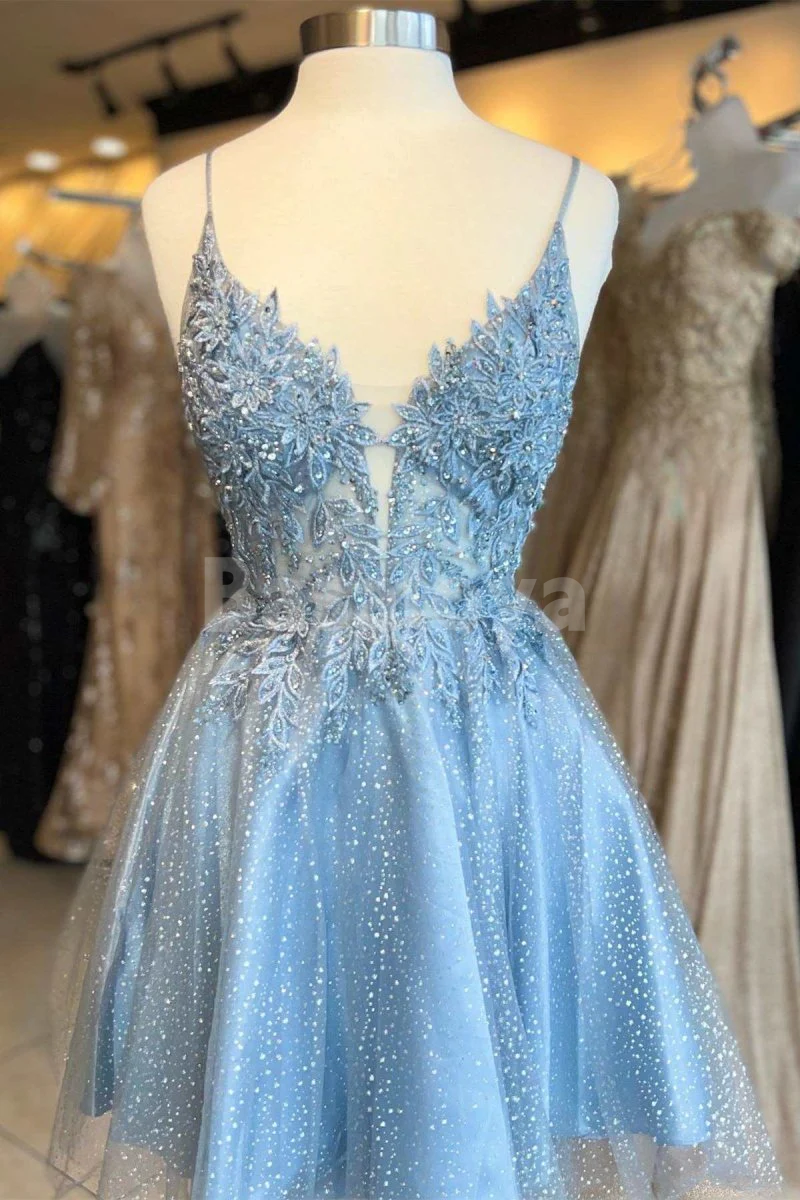 HM0156 Sparkly Blue V-Neck A-Line Appliques Short Homecoming Gown with Beads