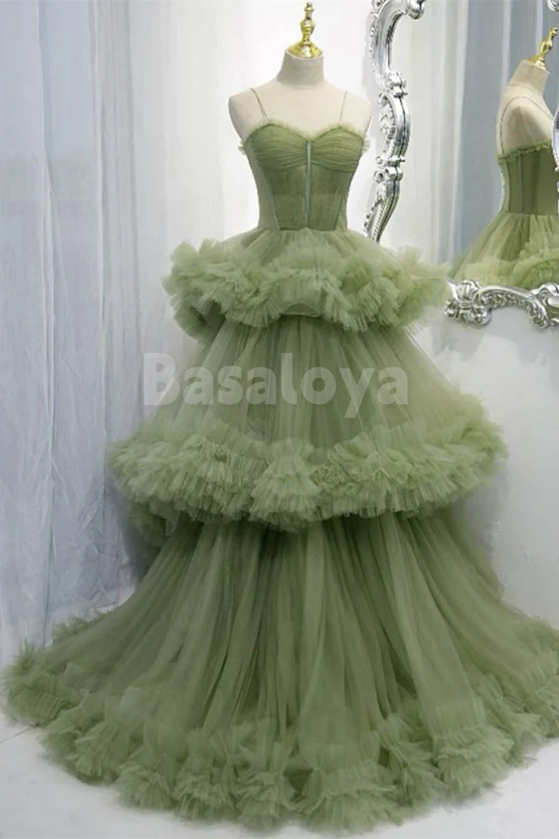 SP0165 Luxury Sage Green Sweetheart A-Line Tiered Ball Gown Prom Dress