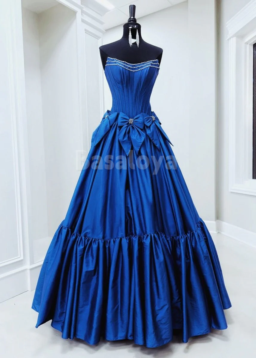 SP0172 Elegant Fuchsia Beaded Strapless A-Line Ball Gown with Bow Prom Dress