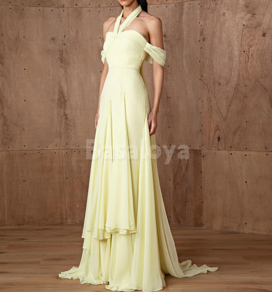 SP0287 Classic Yellow Halter-Neck Sheath Pleats Chiffon Prom Dress Party Gown