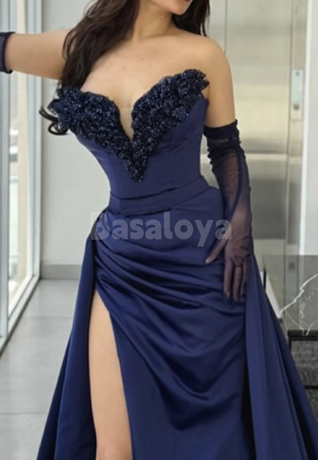ED0089 Elegant Navy Sweetheart Gloves Sheath Evening Gown with Overskirt