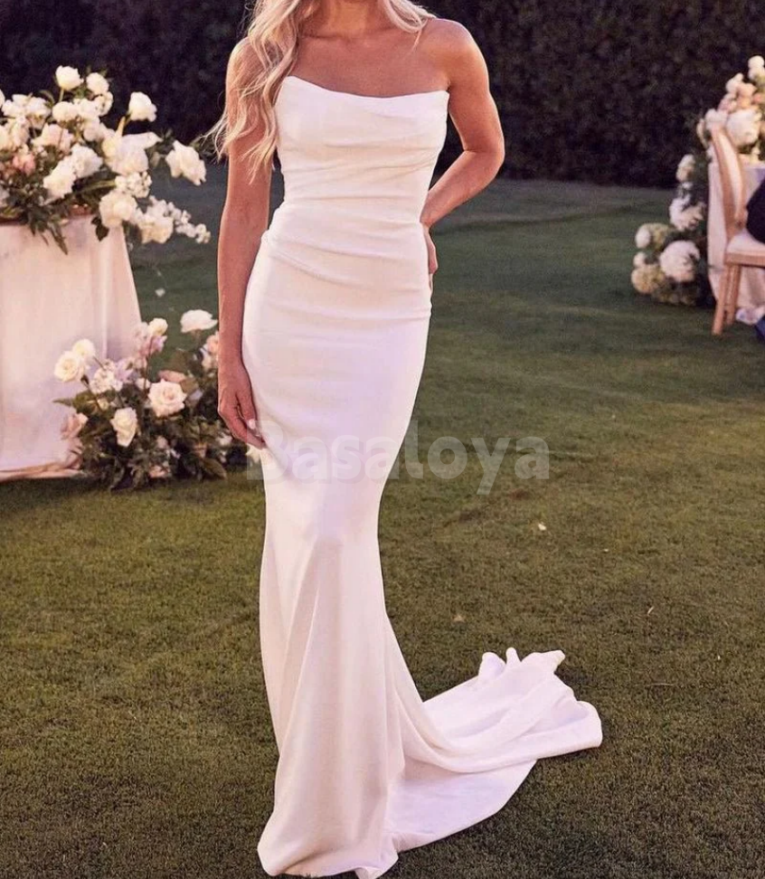 WD0069 Elegant Tube Top Sleeveless Mermaid Satin Long Wedding Dress