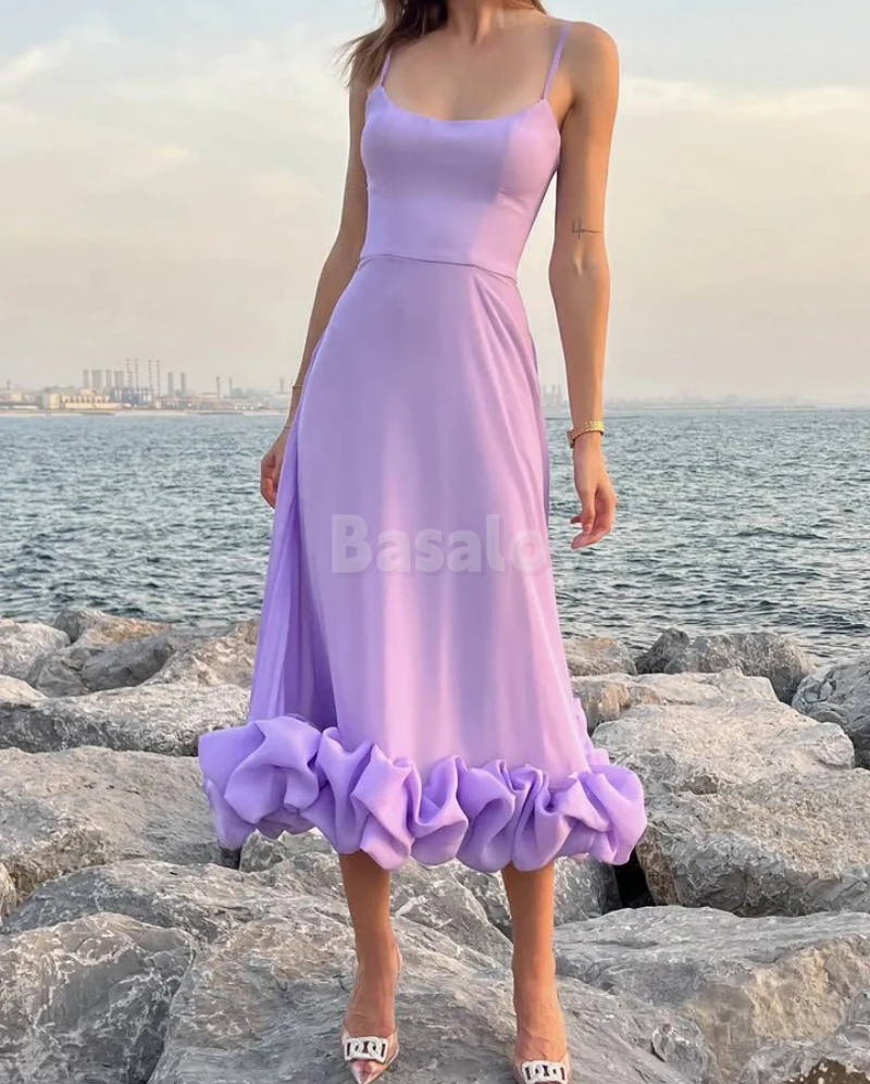 SP0223 Elegant White Spaghetti Straps A-Line Midi Prom Dress with Ruffles