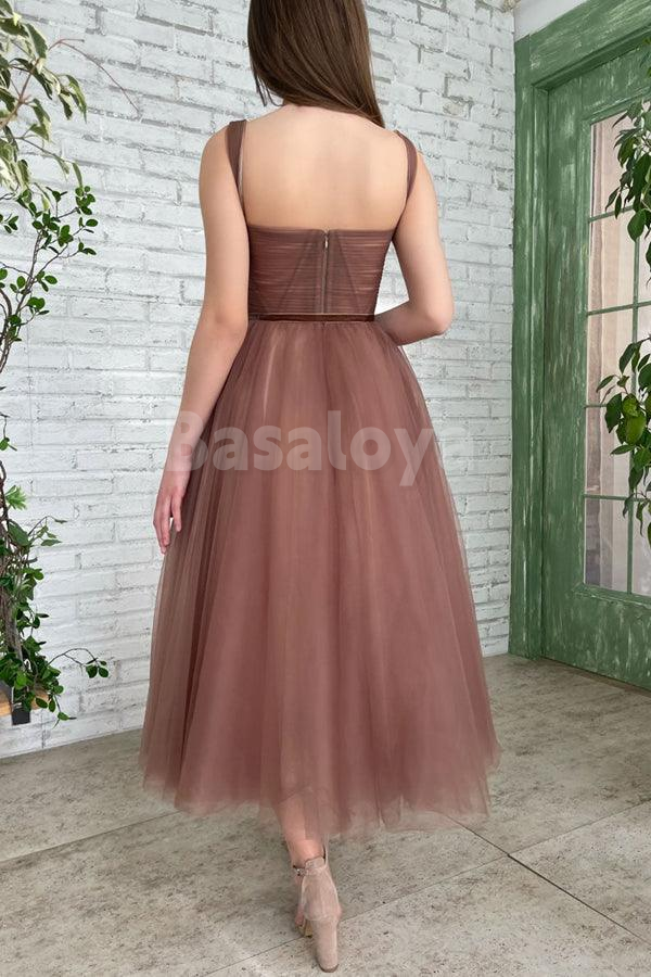 SP0198 Elegant Brown Sweetheart A-Line Pleats Prom Party Gown with Bow
