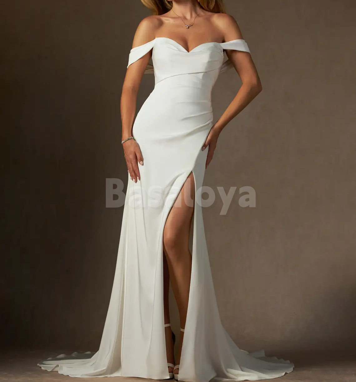 WD0090 Graceful White Off-Shoulder Sheath Side Slit Bridal Gown with Train