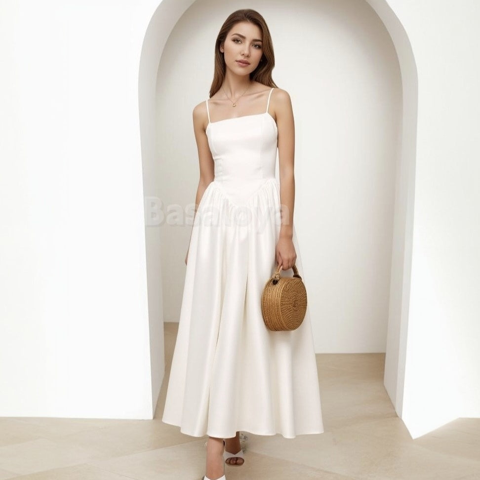 WD0010 Simple Spaghetti Straps A-Line Satin Bridal Wedding Dress