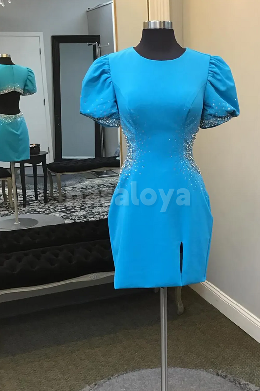 HM0159 Elegant Beads Blue Scoop Neck Short Sleeve Bodycon Homecoming Dress