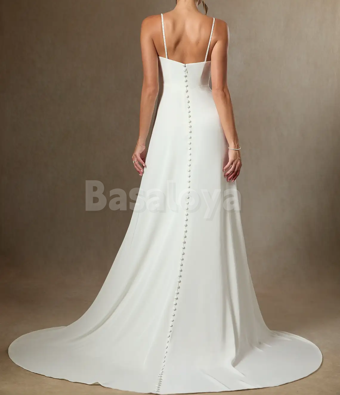 WD0096 Simple White Spaghetti Straps Straight Satin Wedding Dress with Train