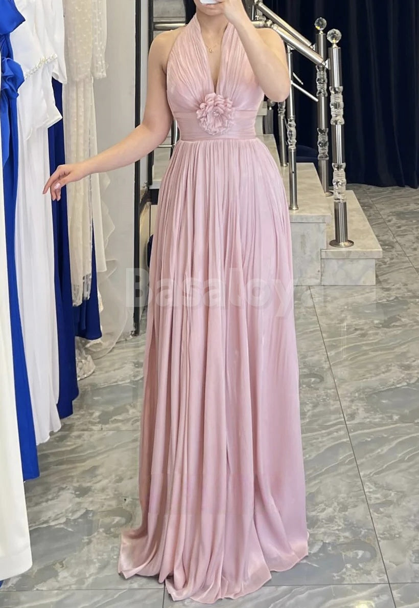 ED0071 Elegant White 3D Pearls Floral Halter A-Line Chiffon Evening Gown