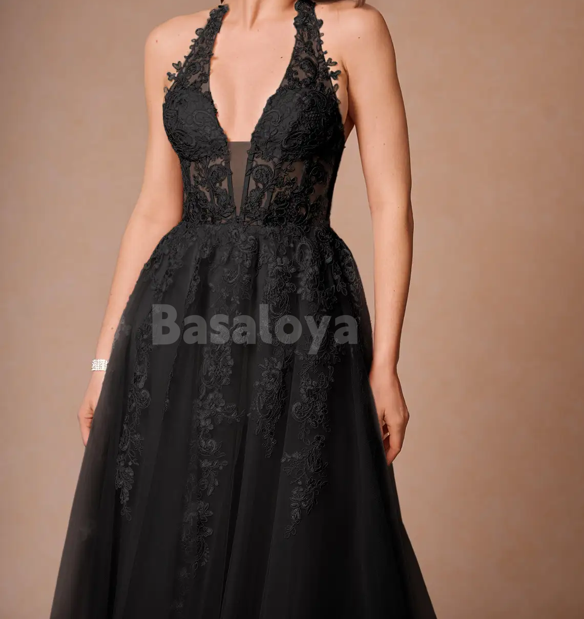 SP0266 Gorgeous Black Halter V-Neck A-Line Long Prom Dress with Appliques