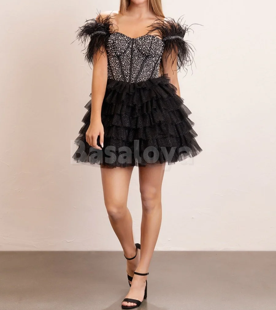 HM0118 Luxury Beaded Black Off Shoulder A-Line Homecoming Gown with Feather