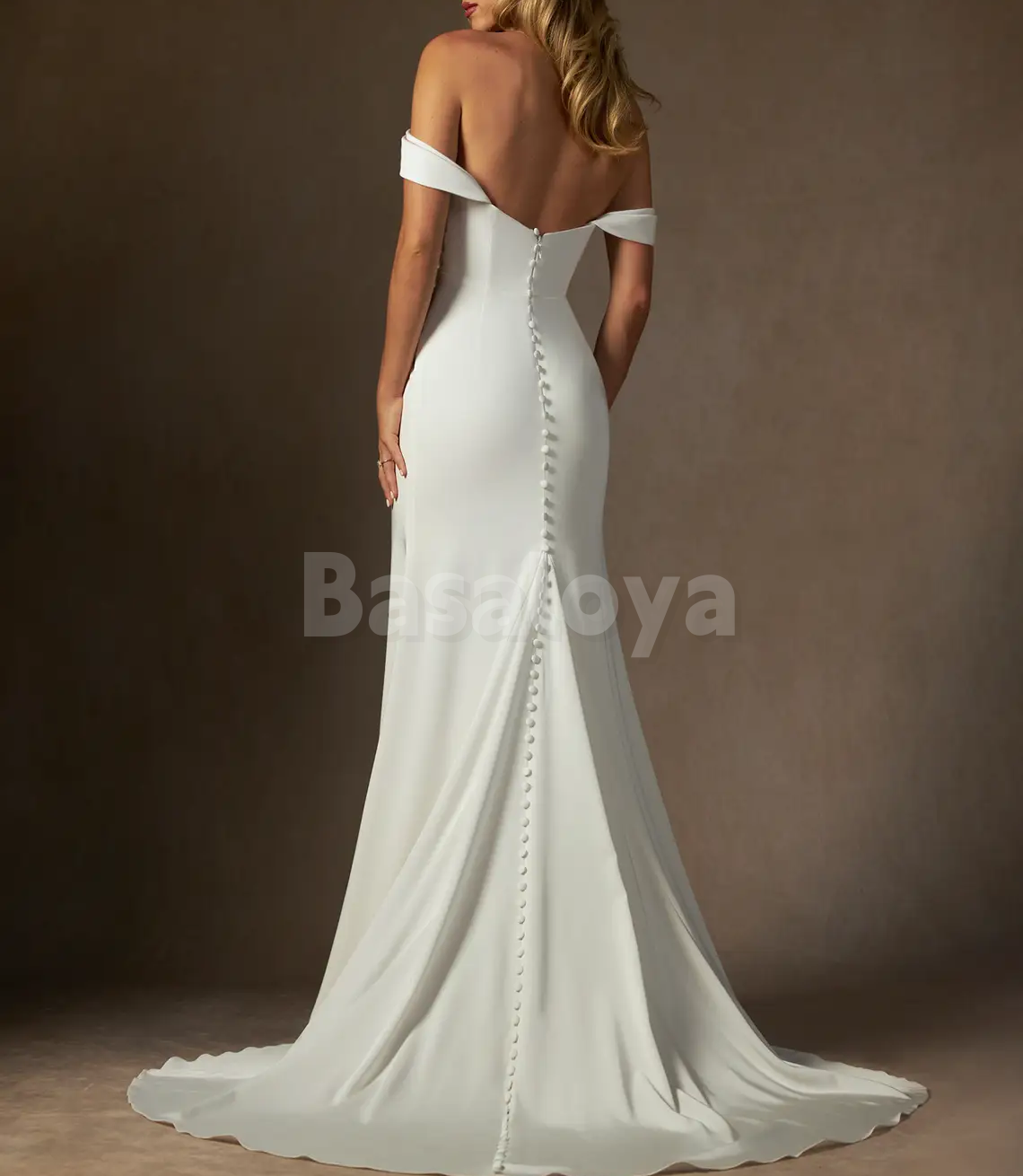 WD0090 Graceful White Off-Shoulder Sheath Side Slit Bridal Gown with Train