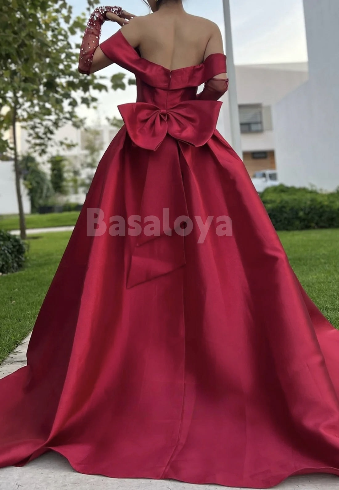 ED0091 Elegant Beaded Burgundy Off Shoulder A-Line Evening Gown with Bow
