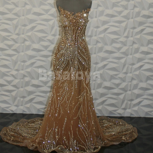 ED0031 Sparkly Beaded Tube Top Mermaid Lace Evening Dress with Train