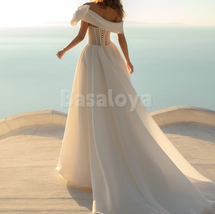 WD0029 Elegant Off Shoulder A-Line Side Slit Pleated Wedding Gown with Bow