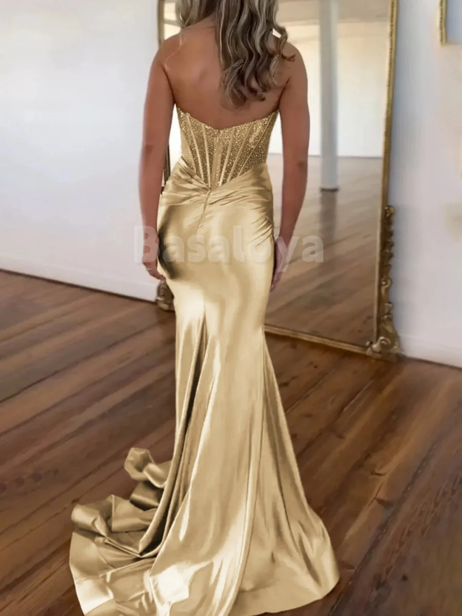 SP0171 Elegant Lilac Tube Top Bodycon Beaded Prom Party Dress with Train