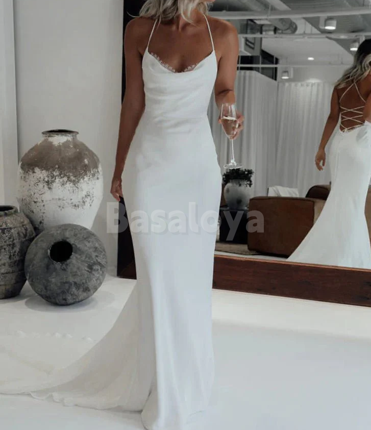 WD0073 Simple White Spaghetti Straps Mermaid Wedding Dress with Train