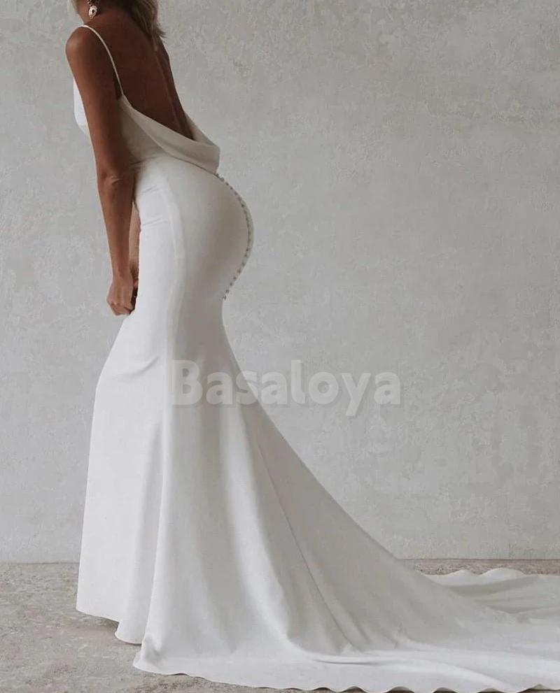 WD0063 Simple White V-Neck Mermaid Long Wedding Dress with Train Bridal Gown