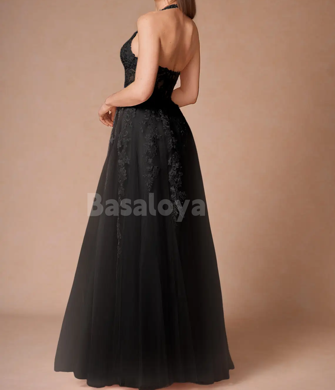 SP0266 Gorgeous Black Halter V-Neck A-Line Long Prom Dress with Appliques
