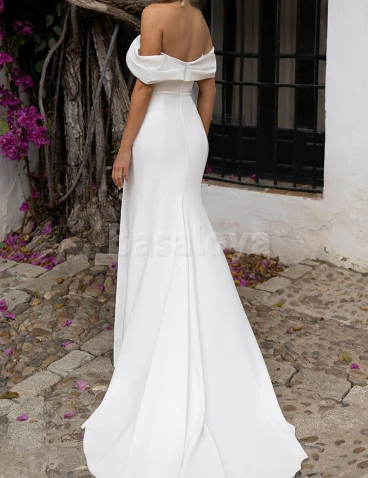 WD0078 Classic White Off-Shoulder Sheath Side Slit Wedding Dress with Train
