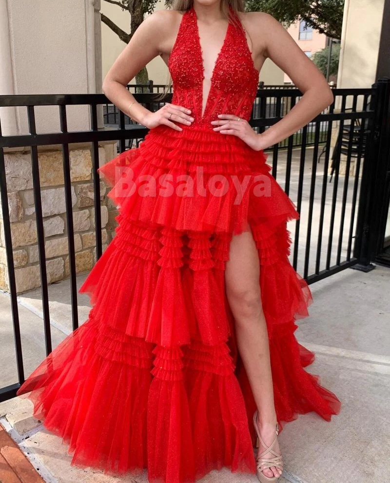 SP0160 Luxury White Halter V-Neck A-Line Appliques Ball Gown Prom Dress