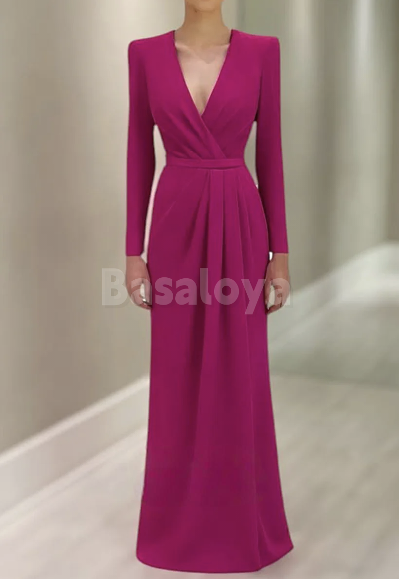 ED0064 Elegant Fuchsia Long Sleeves V-Neck Pleated Long Evening Dress