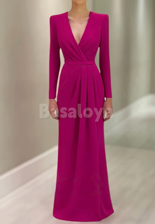 ED0064 Elegant Fuchsia Long Sleeves V-Neck Pleated Long Evening Dress