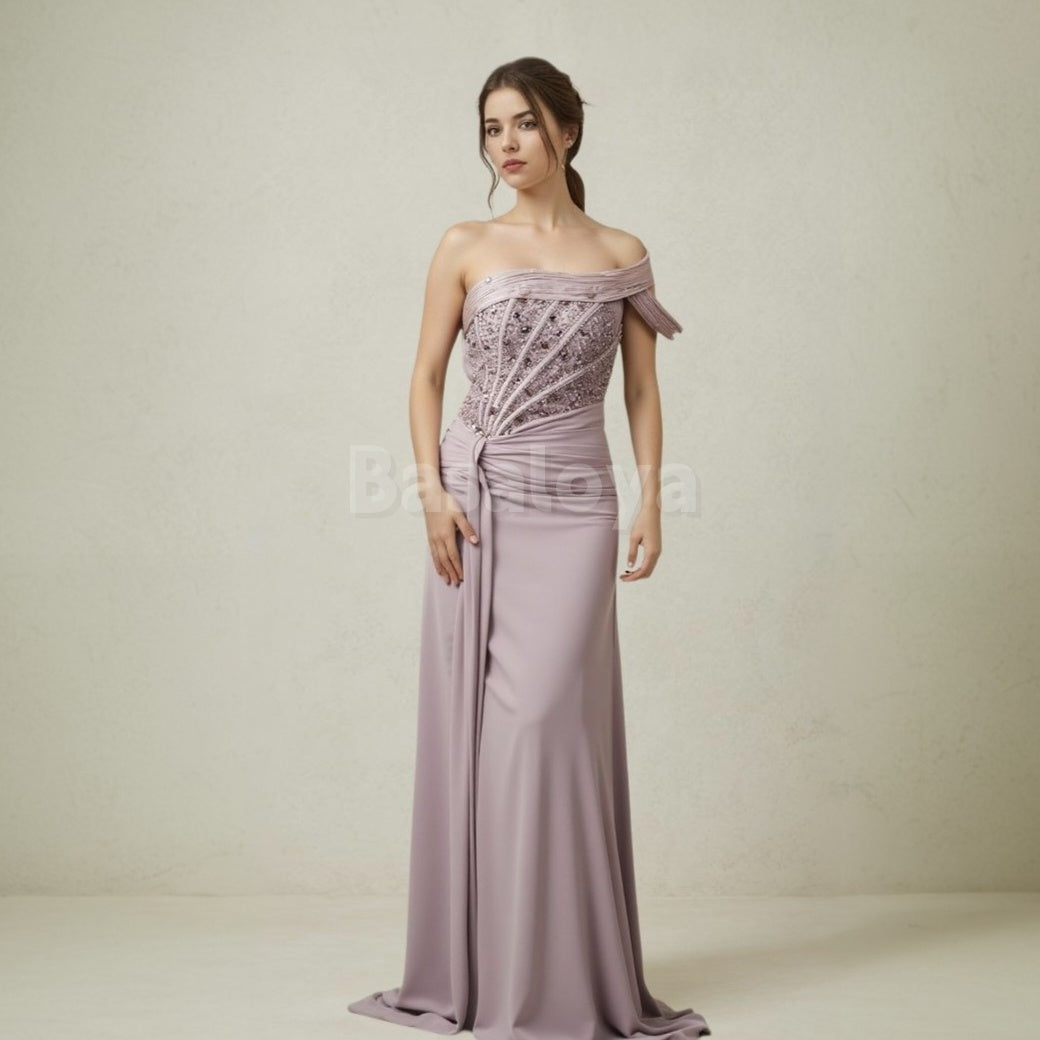 ED0033 Elegant One Shoulder Straight Pleated Evening Dress with Beaded