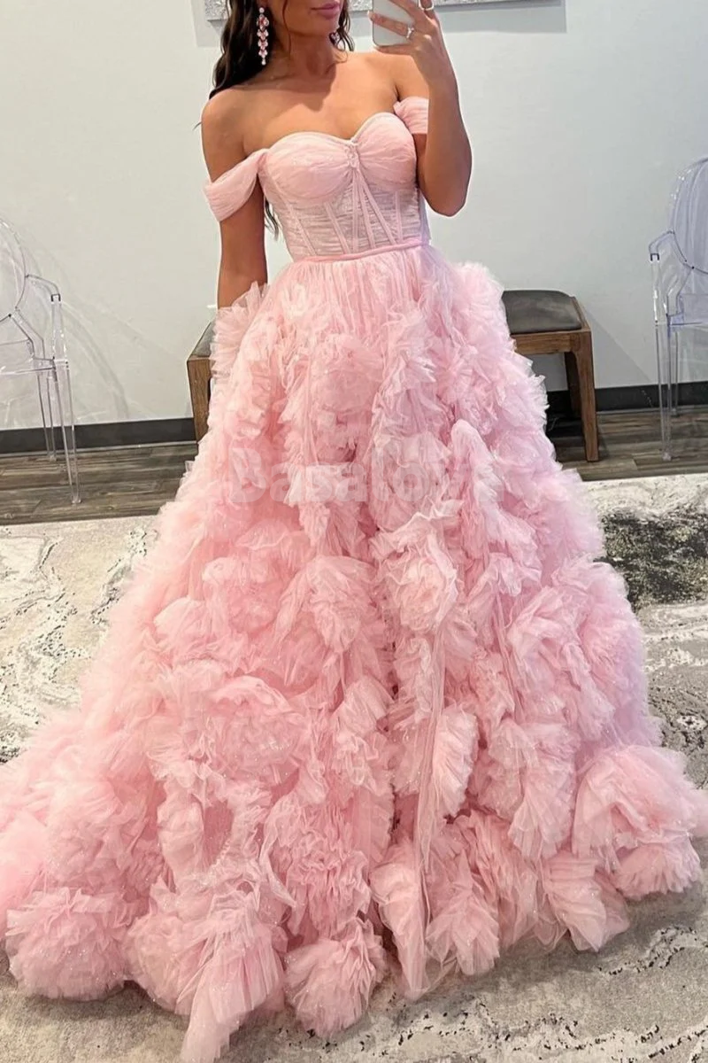 SP0193 Glamorous White Off-Shoulder A-Line Tiered Ball Gown Prom Dress