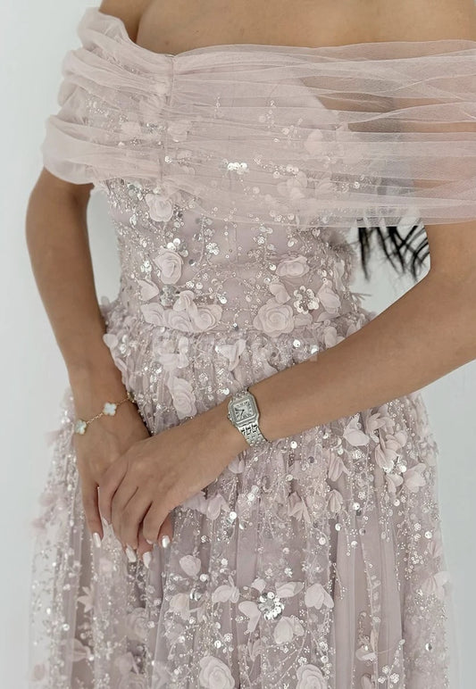 SP0087 Graceful 3D Floral Pink Off-Shoulder A-Line Sequined Lace Prom Dress
