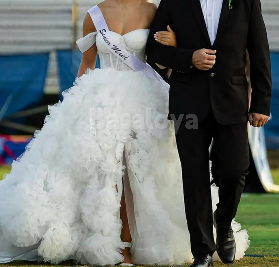 SP0193 Glamorous White Off-Shoulder A-Line Tiered Ball Gown Prom Dress
