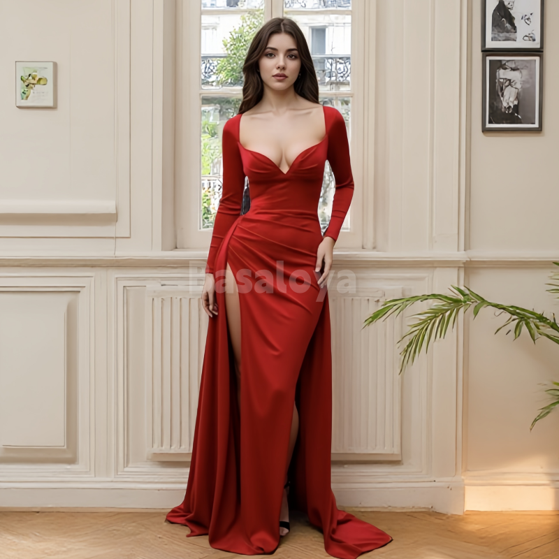SP0015 Chic Red Long Sleeves Sweetheart Sheath Satin Prom Dress Formal Gown with Slit