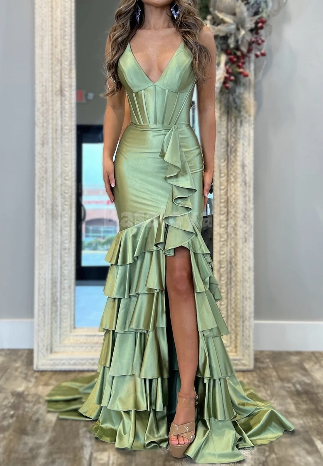 SP0097 Classic Sage Green V-Neck Mermaid Prom Dress with Ruffles Slit