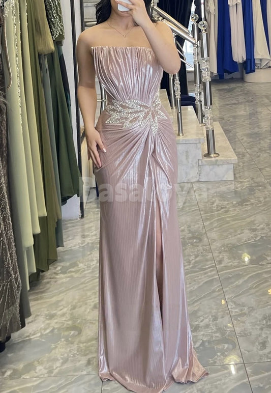 ED0070 Luxury Beaded Pink Strapless Evening Dress Party Gown with Slit