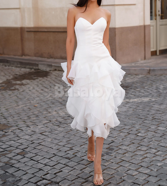 WD0146 Simple White Sweetheart Sheath Ruffles Midi Wedding Dress