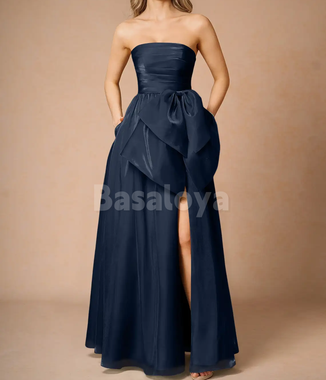 SP0280 Simple Black Tube Top A-Line Bow Prom Dress with Slit Party Gown