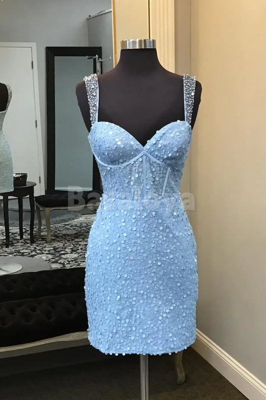 HM0160 Graceful Blue Sweetheart Bodycon Short Sequin Homecoming Gowns