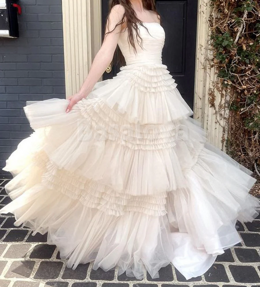 SP0145 Elegant Beige Strapless A-Line Tiered Lace Ball Gown Prom Dress with Slit