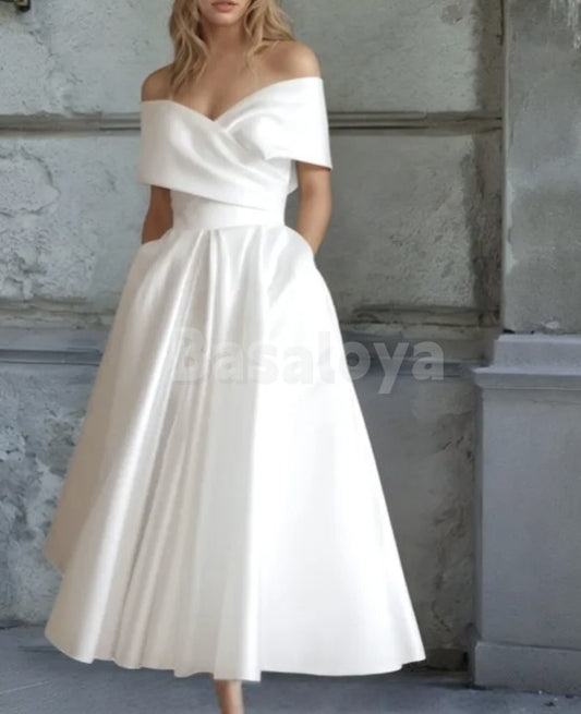 WD0033 Classic Off-Shoulder A-Line Pleats Satin Wedding Dress Bridal Gown