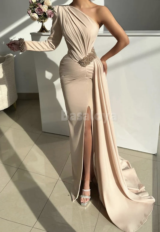 ED0081 Luxury Pearls One Shoulder Sheath Evening Dress with Slit